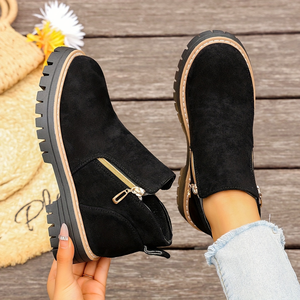 Women'S Trendy Warm and Comfortable Round-Toe Side Zipper Ankle Boots