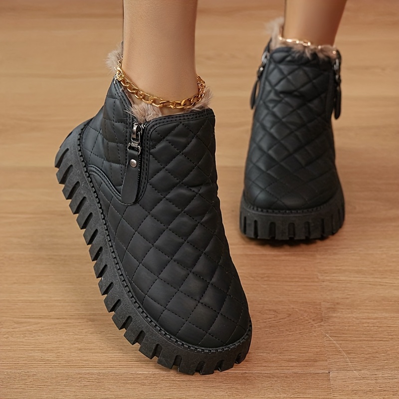 Women's Winter Boots with Faux Fur Lining & Zipper Closure - PU Cover Round-Toe Ankle Boots