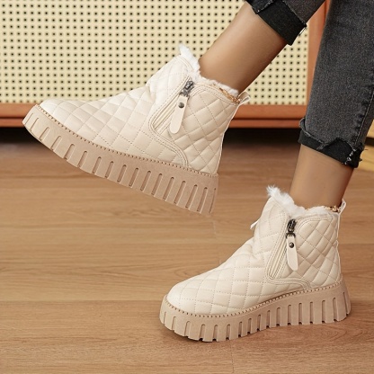 Women's Winter Boots with Faux Fur Lining & Zipper Closure - PU Cover Round-Toe Ankle Boots