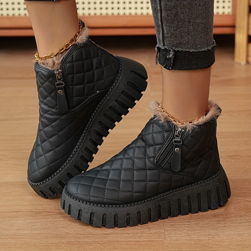 Women's Winter Boots with Faux Fur Lining & Zipper Closure - PU Cover Round-Toe Ankle Boots