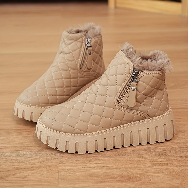 Women's Winter Boots with Faux Fur Lining & Zipper Closure - PU Cover Round-Toe Ankle Boots