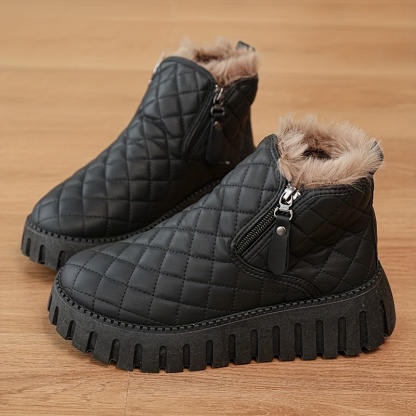Women's Winter Boots with Faux Fur Lining & Zipper Closure - PU Cover Round-Toe Ankle Boots