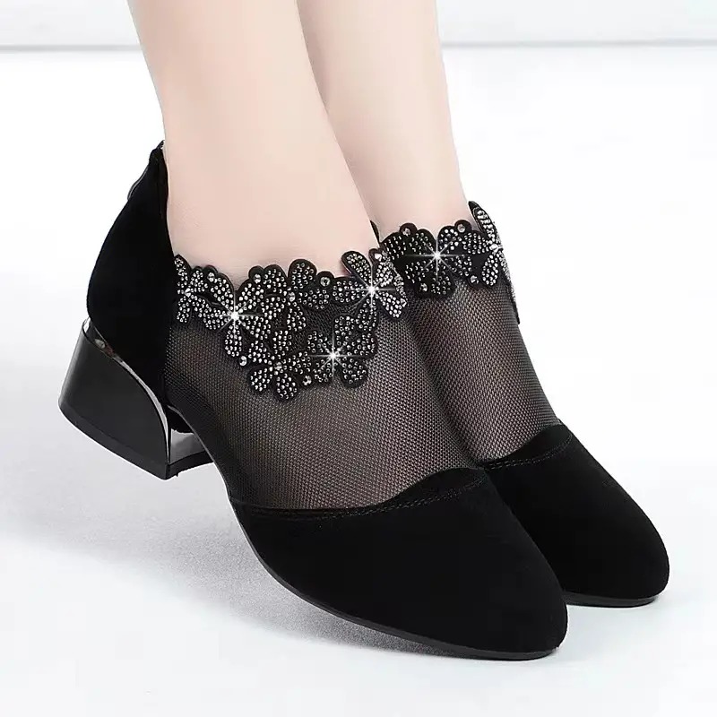 Women's Flower Rhinestone Mesh Block Heels