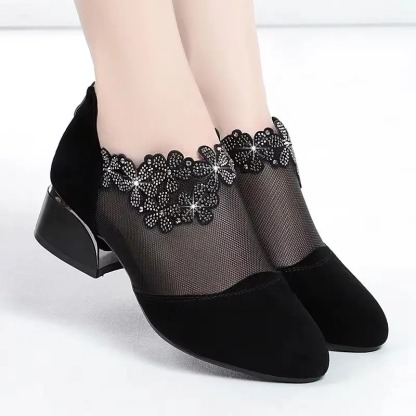 Women's Flower Rhinestone Mesh Block Heels