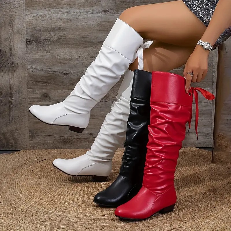 Bowknot Leather Square Heel Long Boots