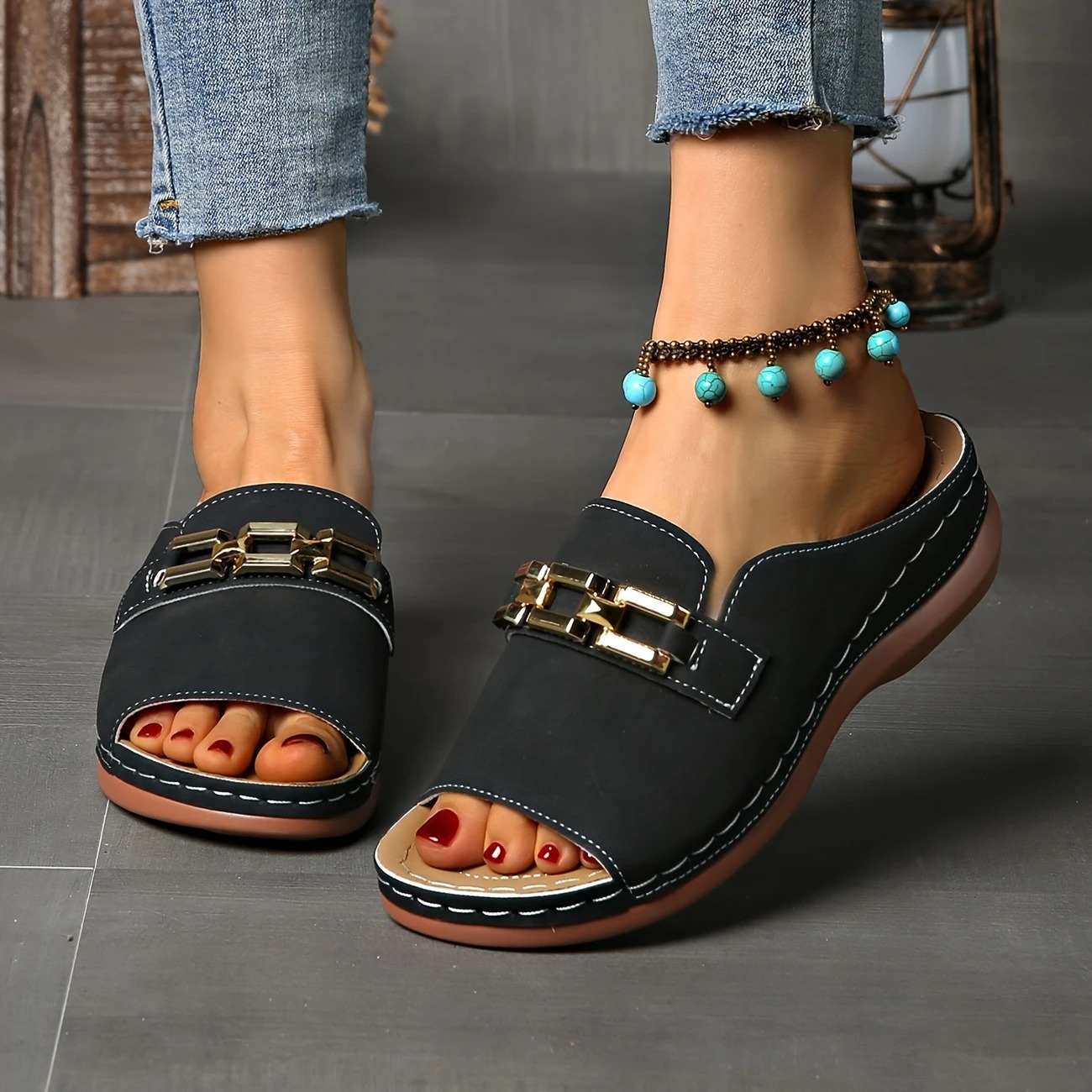 Women's Golden Buckle Slip-On Sandals