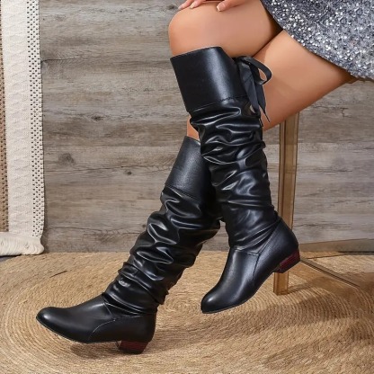 Bowknot Leather Square Heel Long Boots