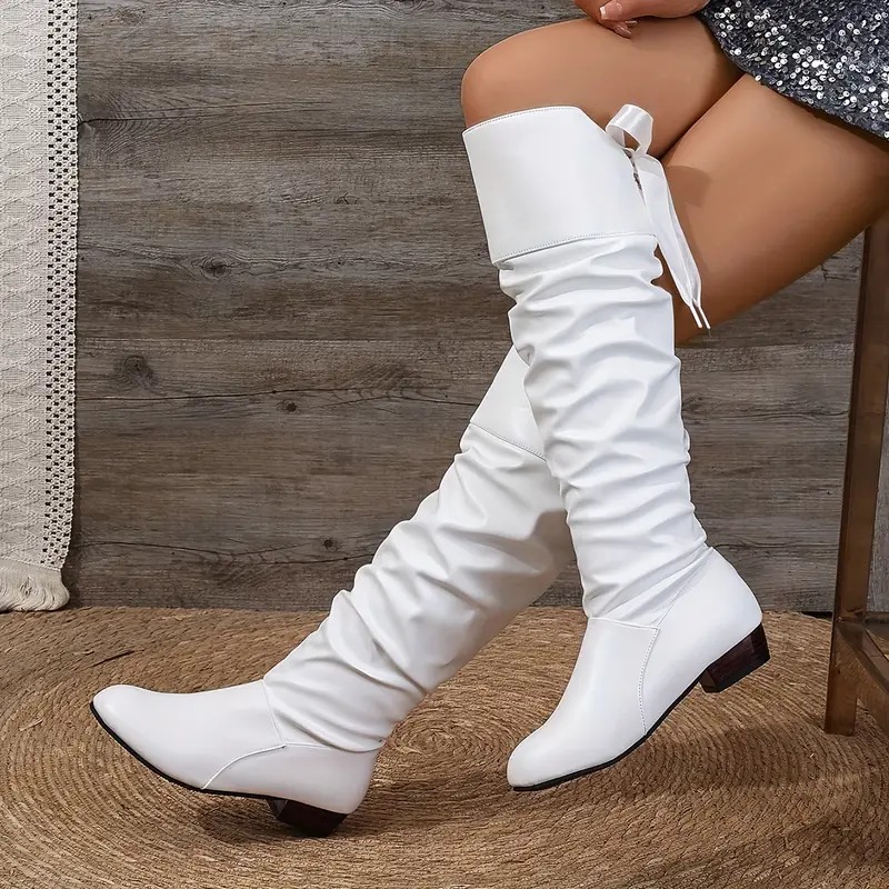 Bowknot Leather Square Heel Long Boots