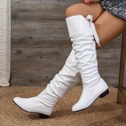 Bowknot Leather Square Heel Long Boots
