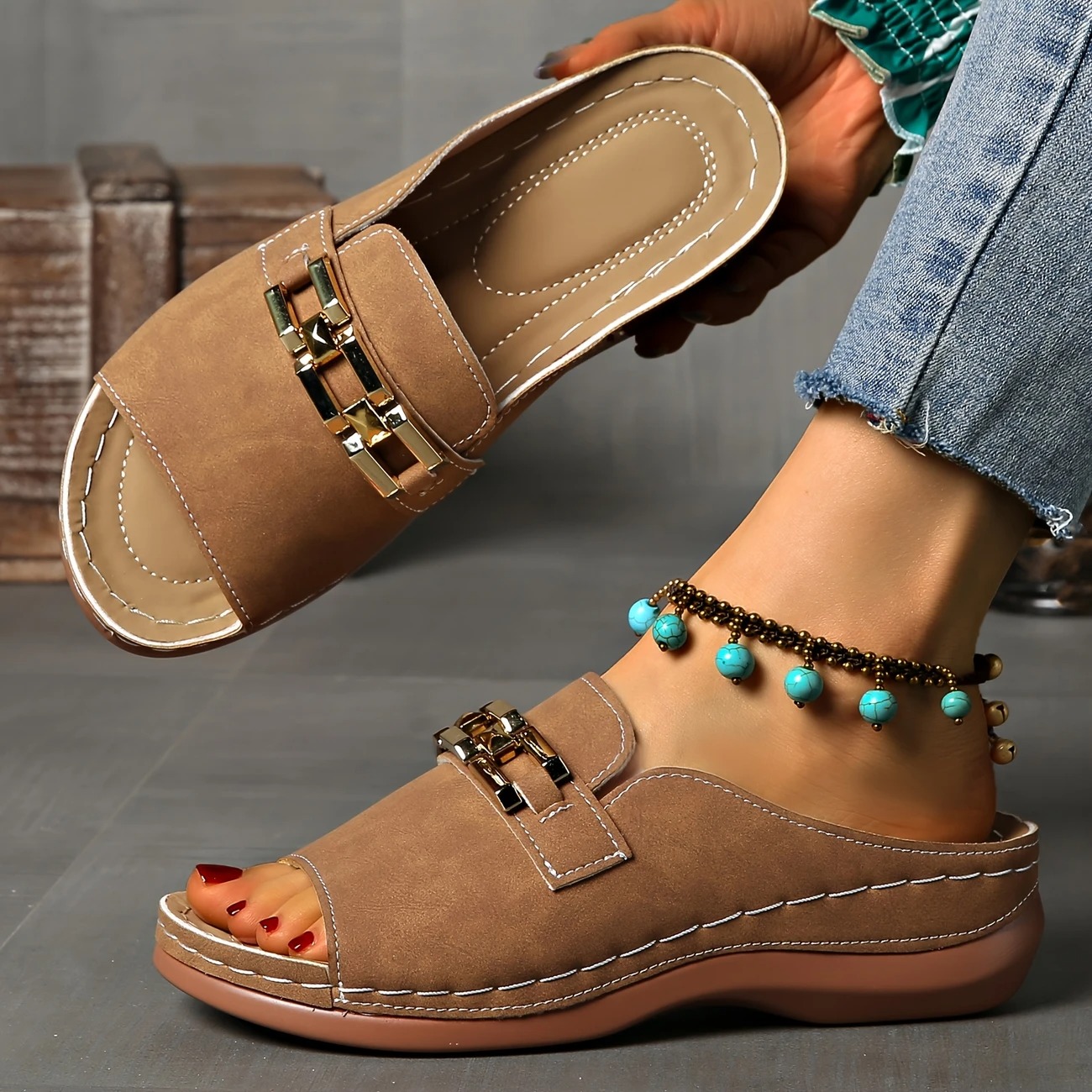 Women's Golden Buckle Slip-On Sandals