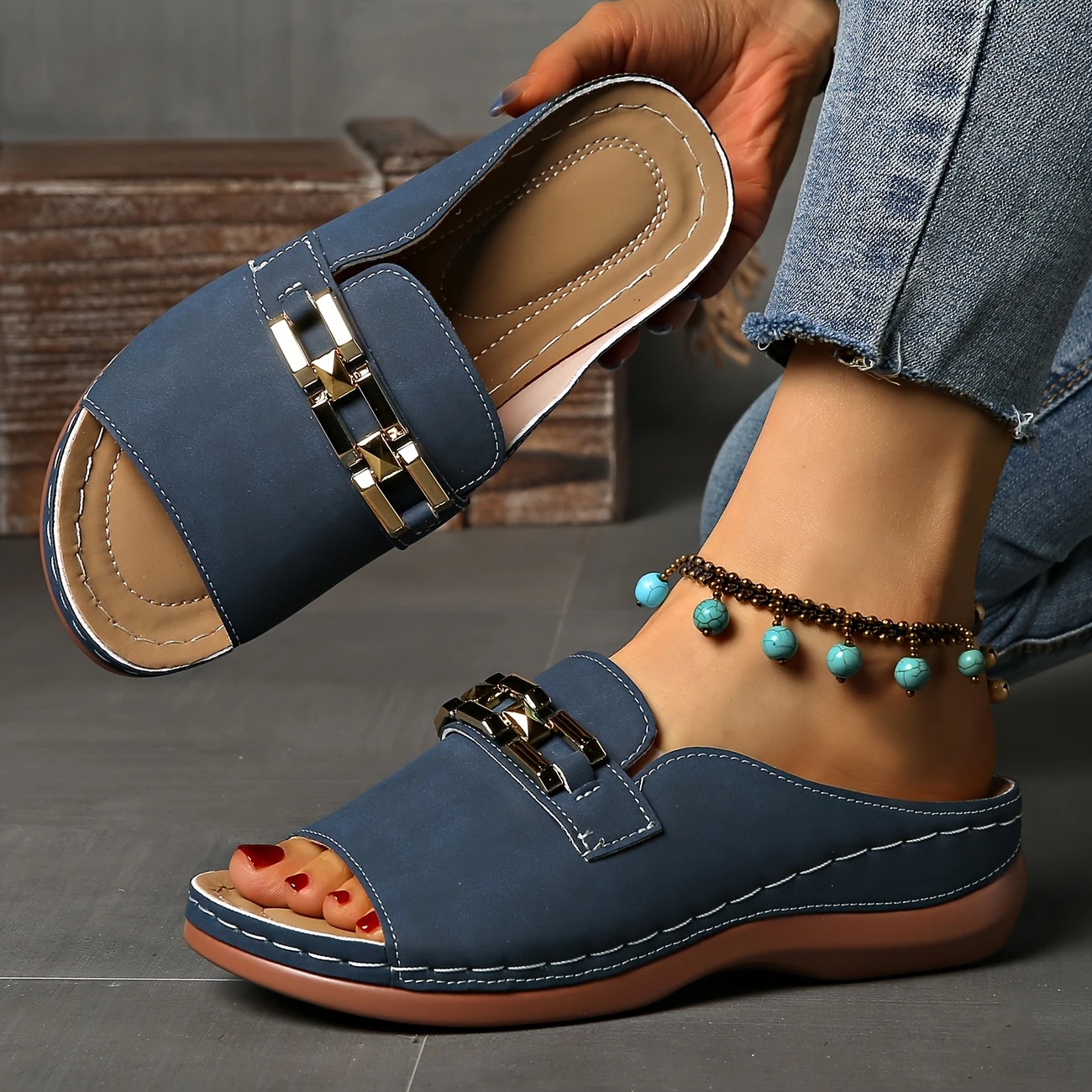 Women's Golden Buckle Slip-On Sandals