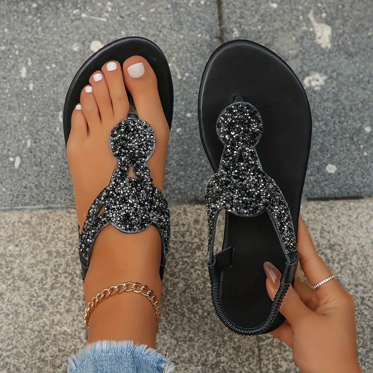 Rhinestone Decor Flat Sandals