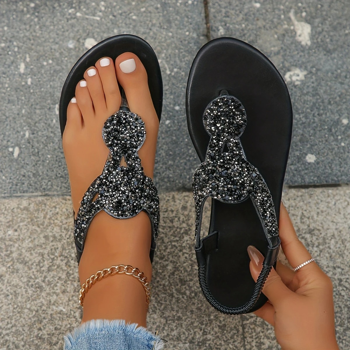 Rhinestone Decor Flat Sandals