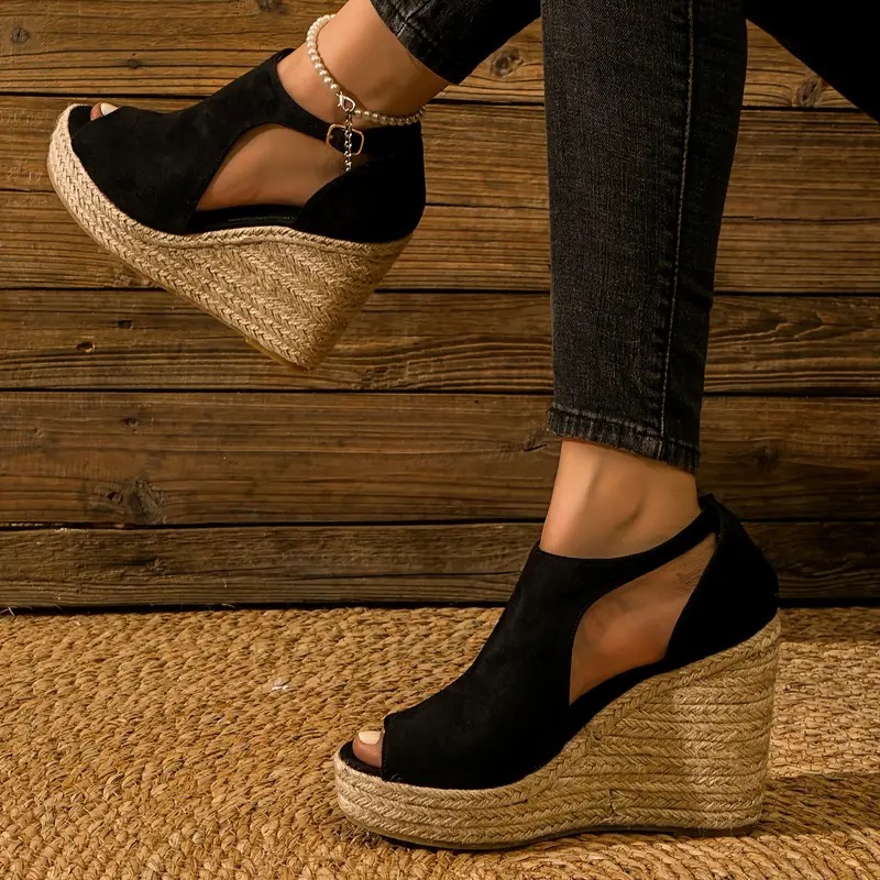 Elegant Black Cover Espadrille Wedge Sandals