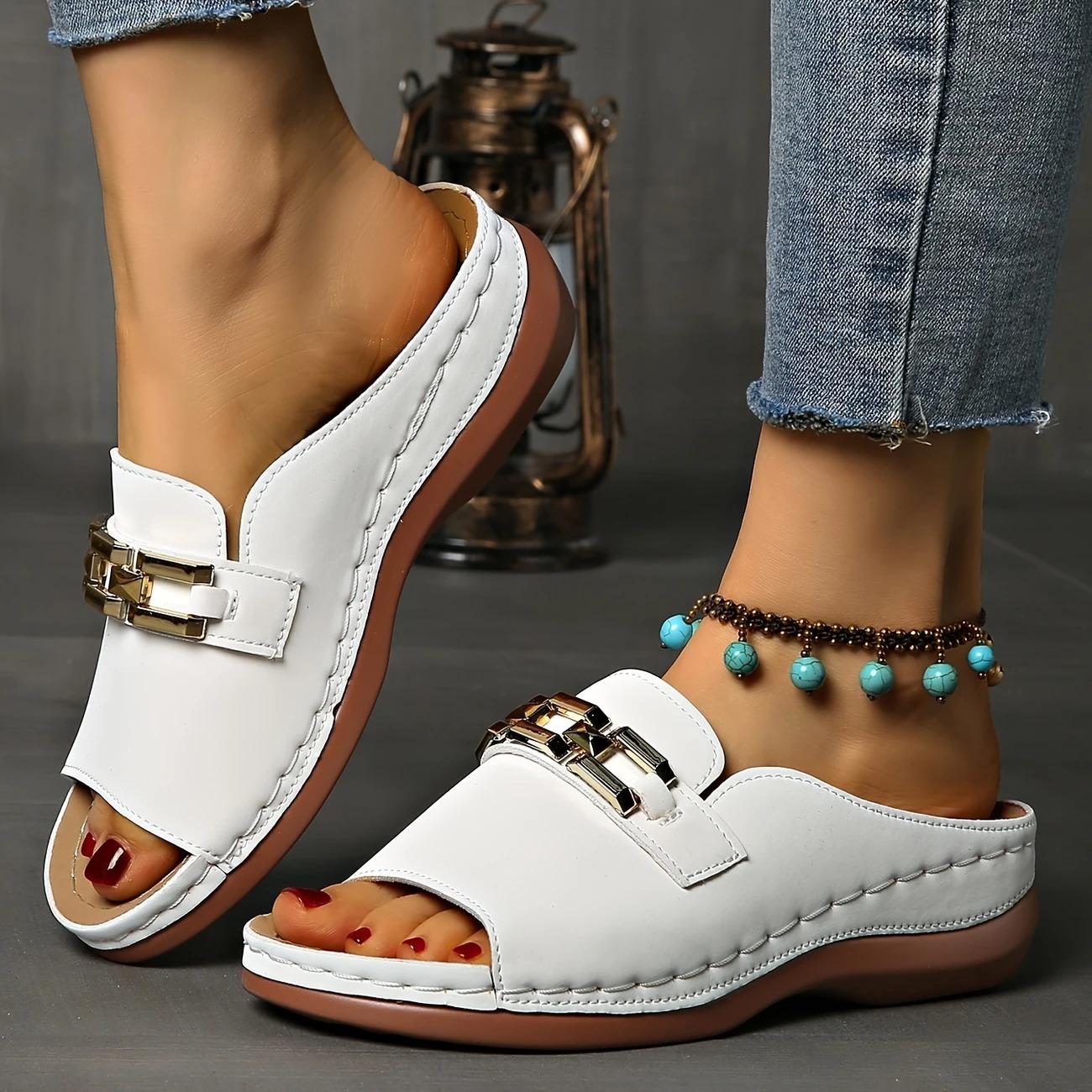 Women's Golden Buckle Slip-On Sandals