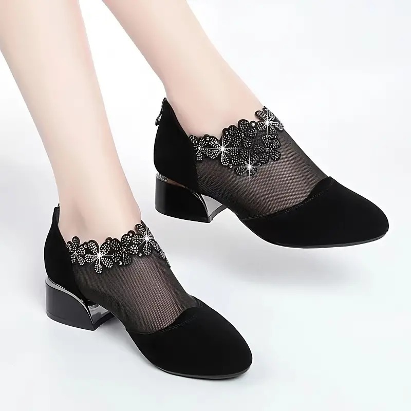 Women's Flower Rhinestone Mesh Block Heels