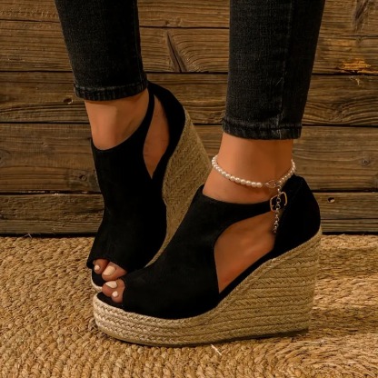 Elegant Black Cover Espadrille Wedge Sandals