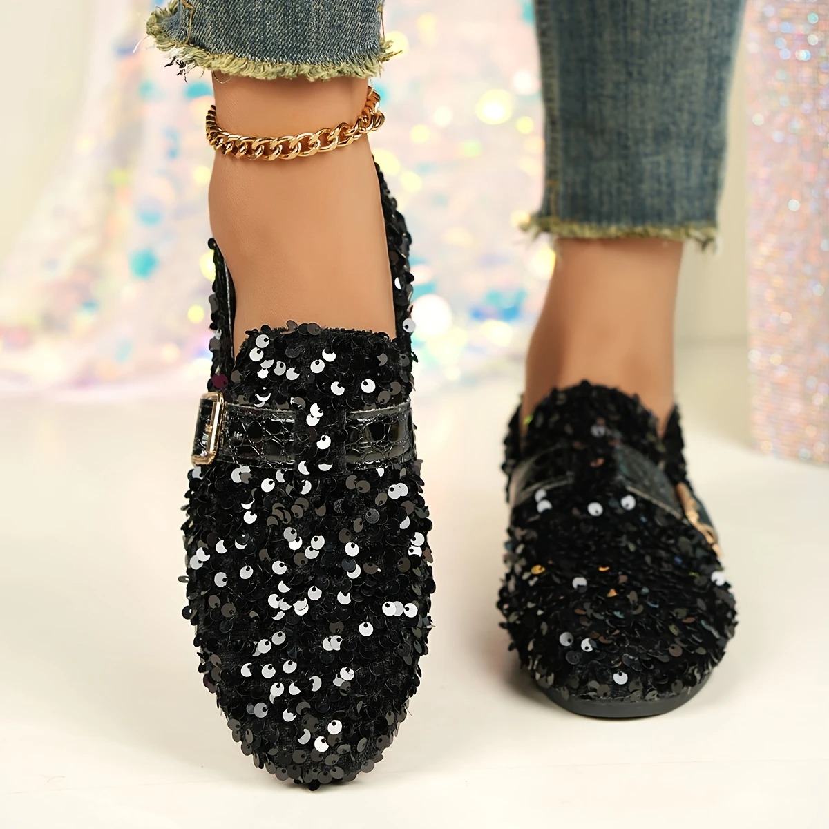 Women's Sequin Decorative Round Toe Flats