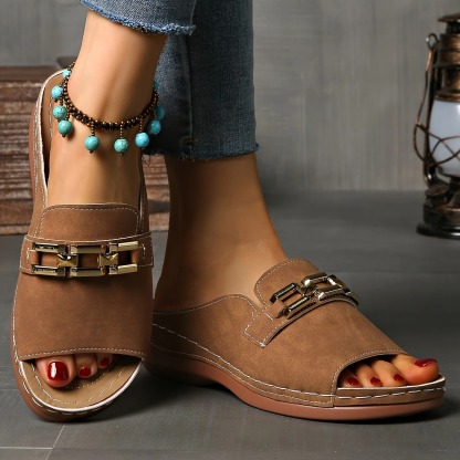 Women's Golden Buckle Slip-On Sandals