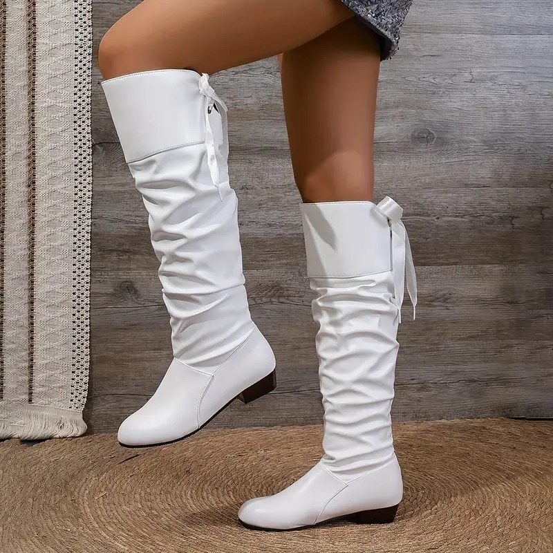 Bowknot Leather Square Heel Long Boots