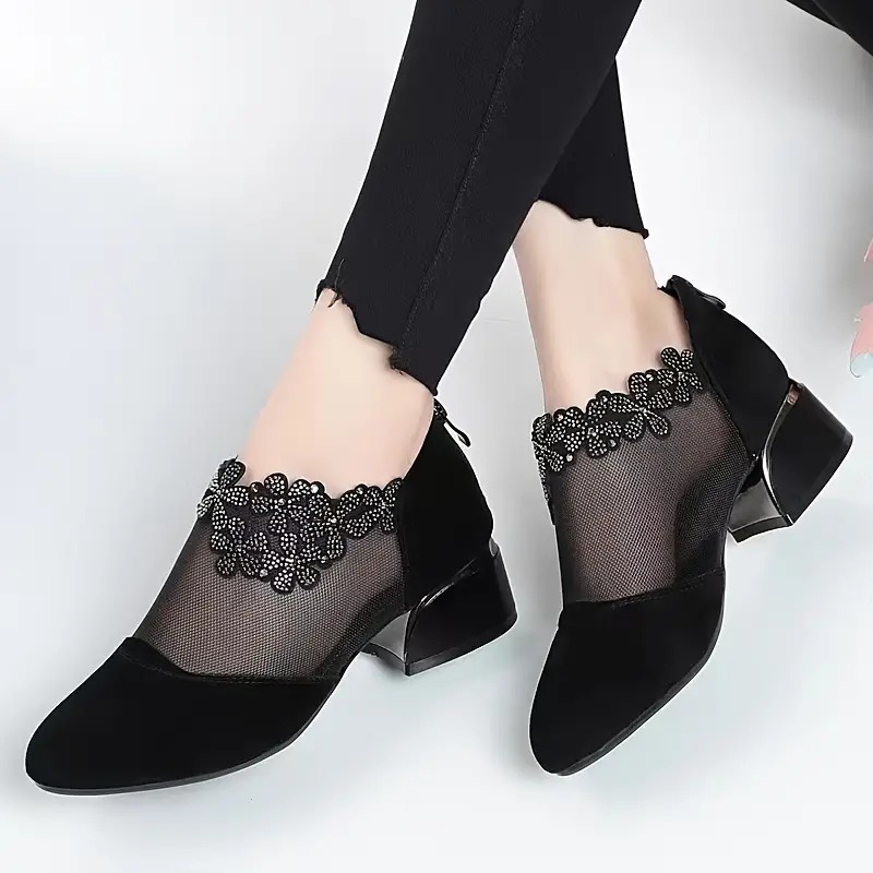 Women's Flower Rhinestone Mesh Block Heels