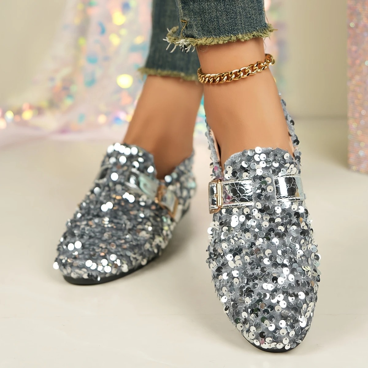 Women's Sequin Decorative Round Toe Flats
