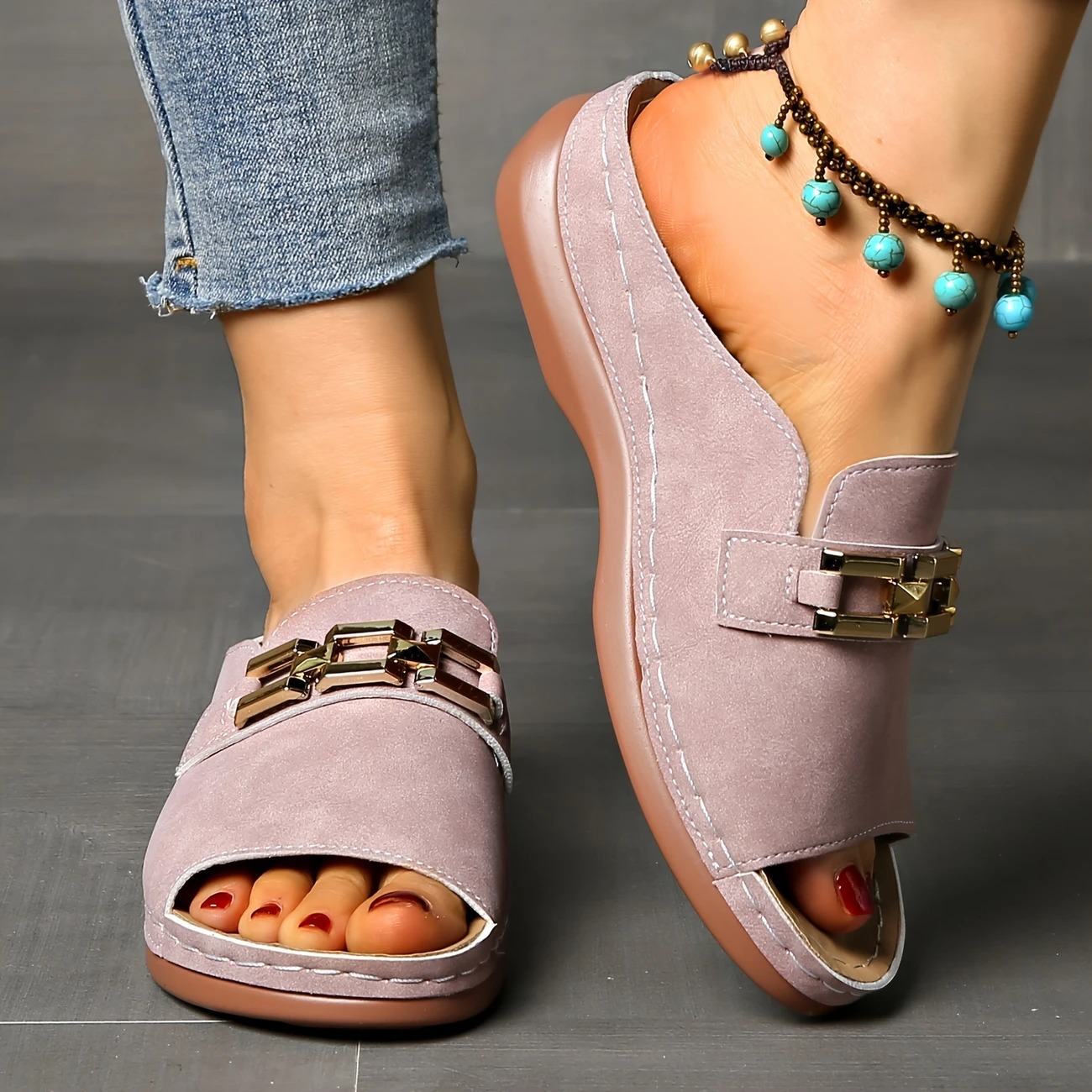 Women's Golden Buckle Slip-On Sandals