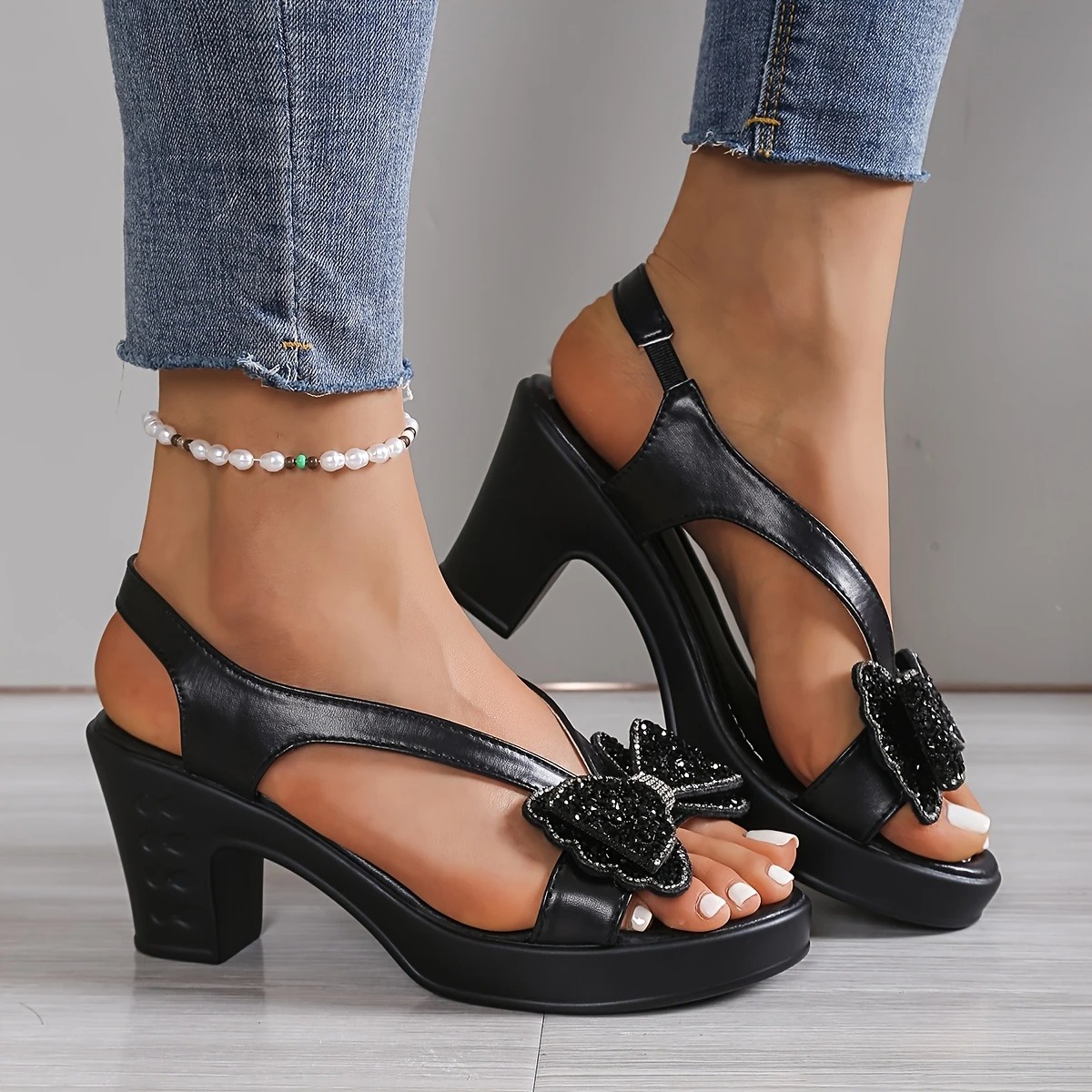 Women's Rhinestone Bow Heel Sandals