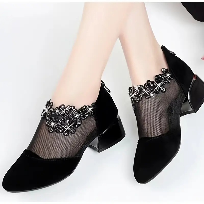 Women's Flower Rhinestone Mesh Block Heels