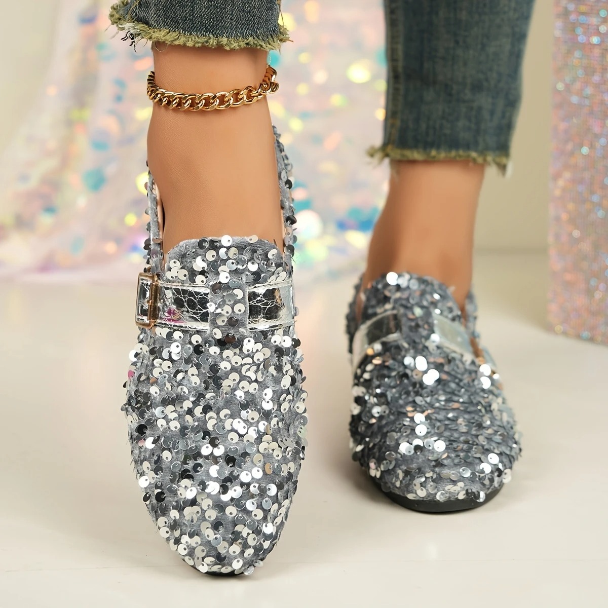 Women's Sequin Decorative Round Toe Flats