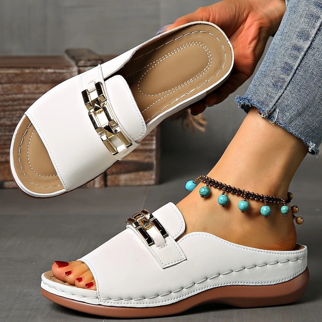 Women's Golden Buckle Slip-On Sandals