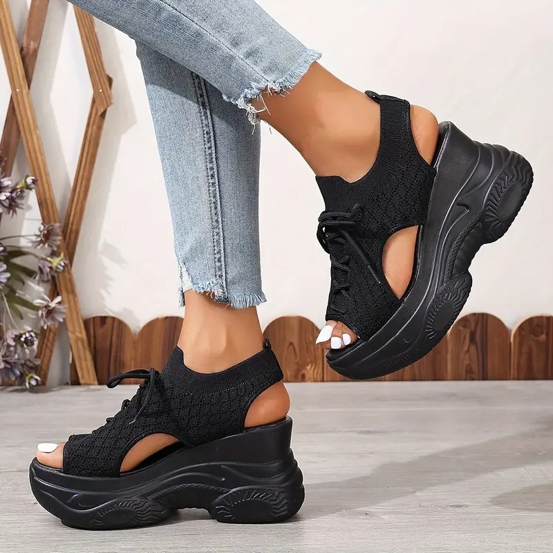 Breathable Knit Platform Wedge Sandals