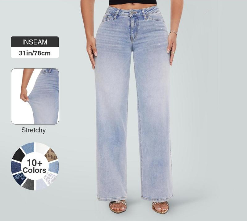 Mid-low Rise Baggy Jeans Stretchy Wide Leg for Women  Lady Basic Minimalist Comfortable Denim Tummy Control Curve Hugging Plus Size Regular Size BBL Spring Fashion Daily Outfits