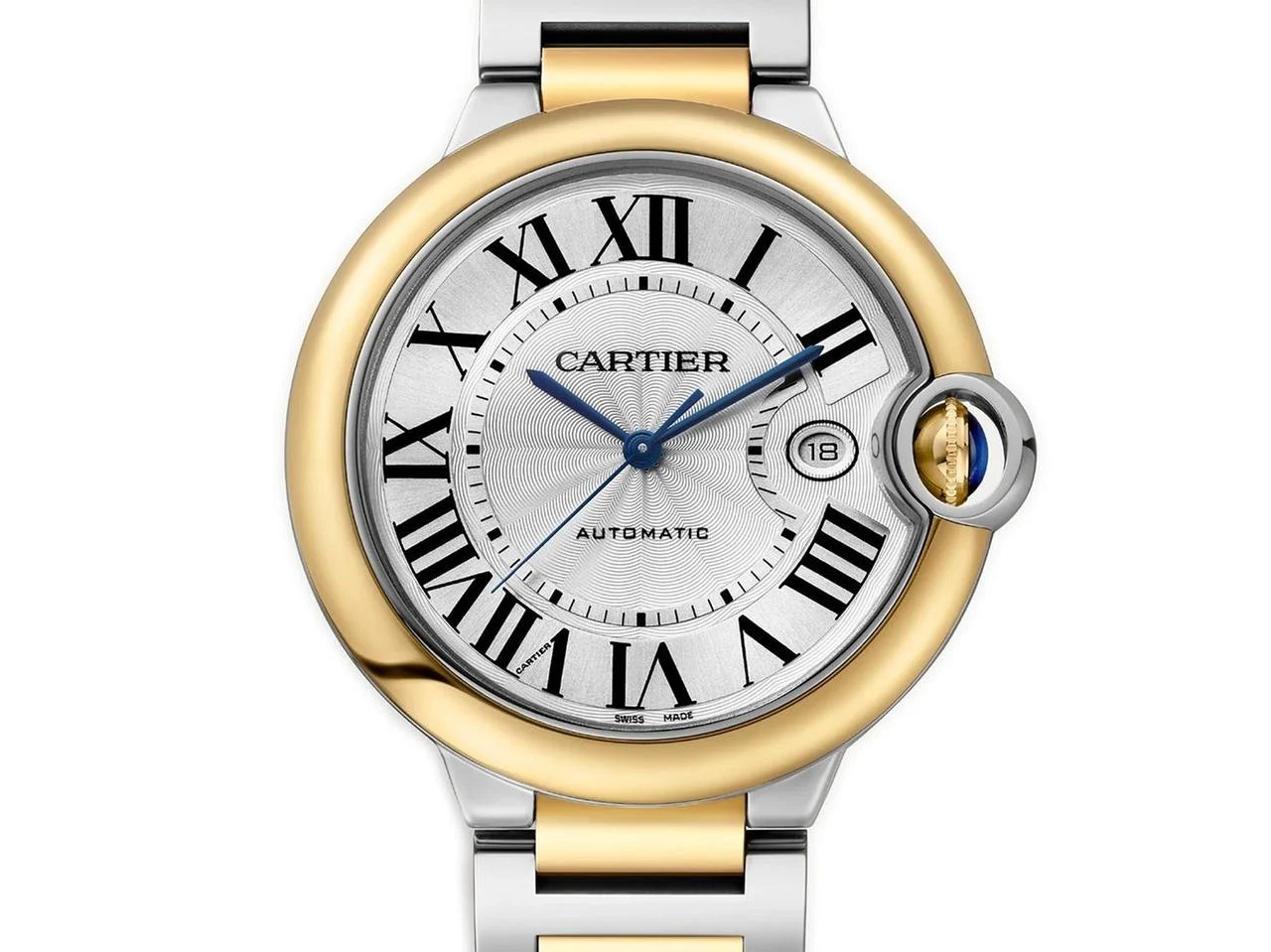 カルティエ バロン ブルー 42mm  Silver Guilloche Dial Stainless Steel and 18k Yellow Gold Bracelet W2BB0039