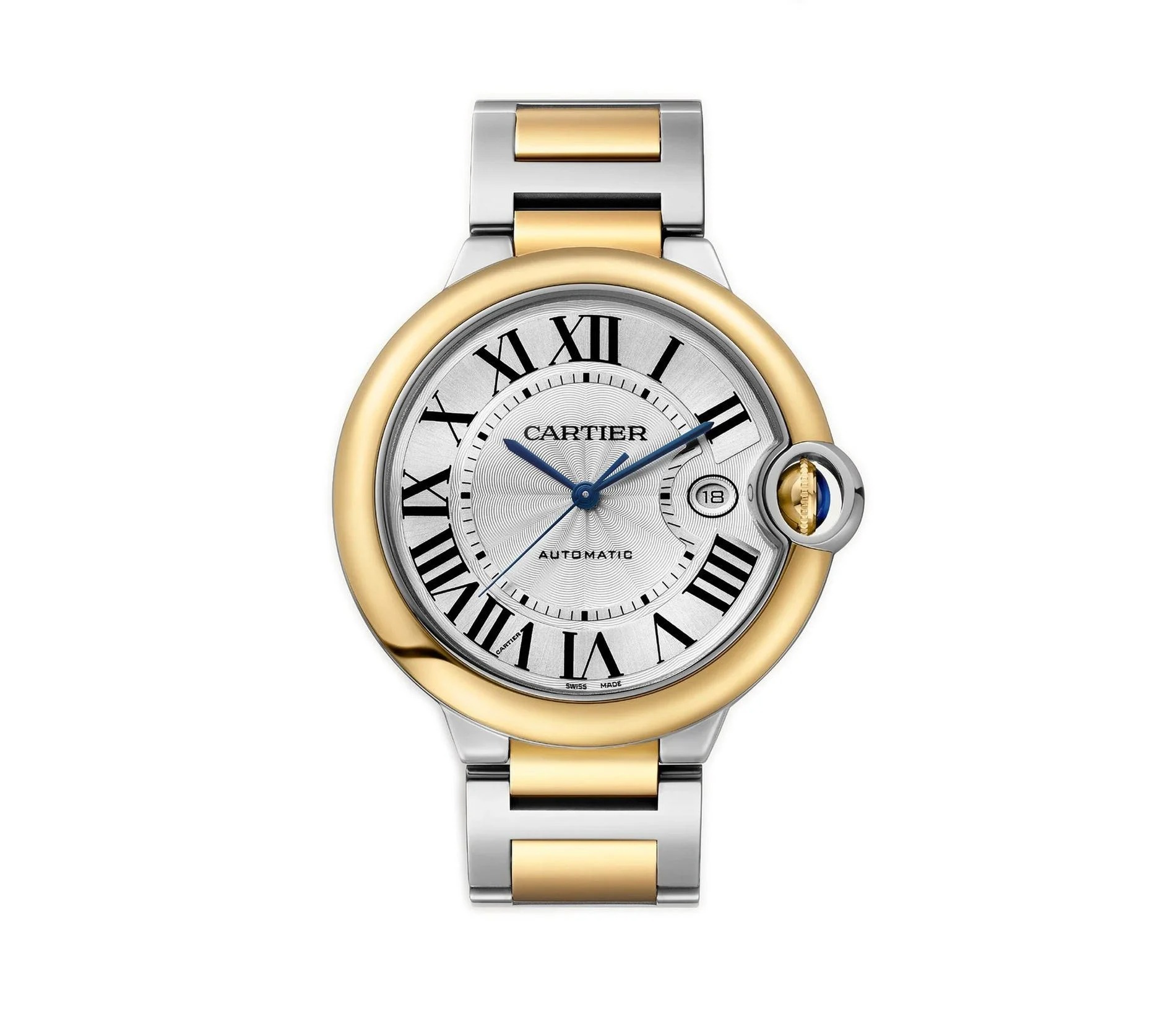 カルティエ バロン ブルー 42mm  Silver Guilloche Dial Stainless Steel and 18k Yellow Gold Bracelet W2BB0039