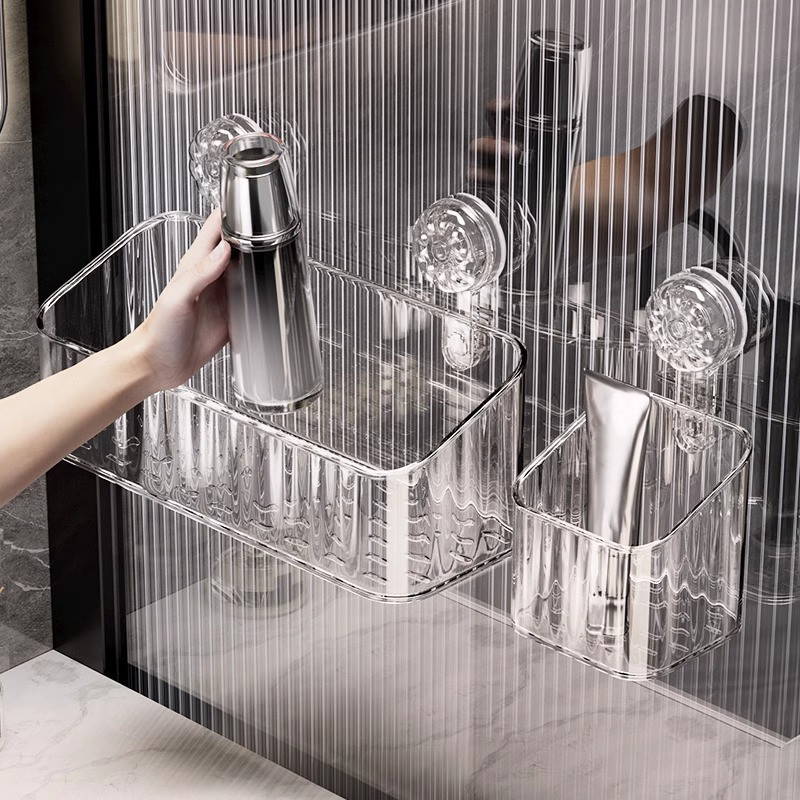 《   》 Suction Cup Storage Rack Shower Basket Wall Mounted Toilet Organizer Box Shelf Rak Bilik Air 吸盘置物架