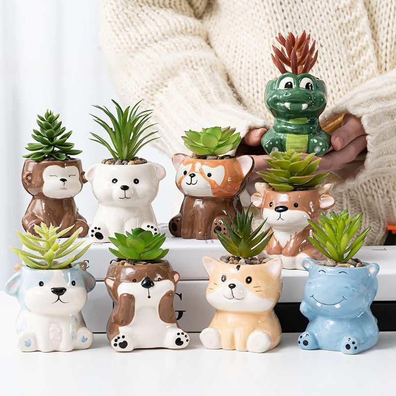 กระถางต้นไม้เซรามิกการ์ตูนสัตว์ รวมชุดสำหรับจัดสวนบนโต๊ะ