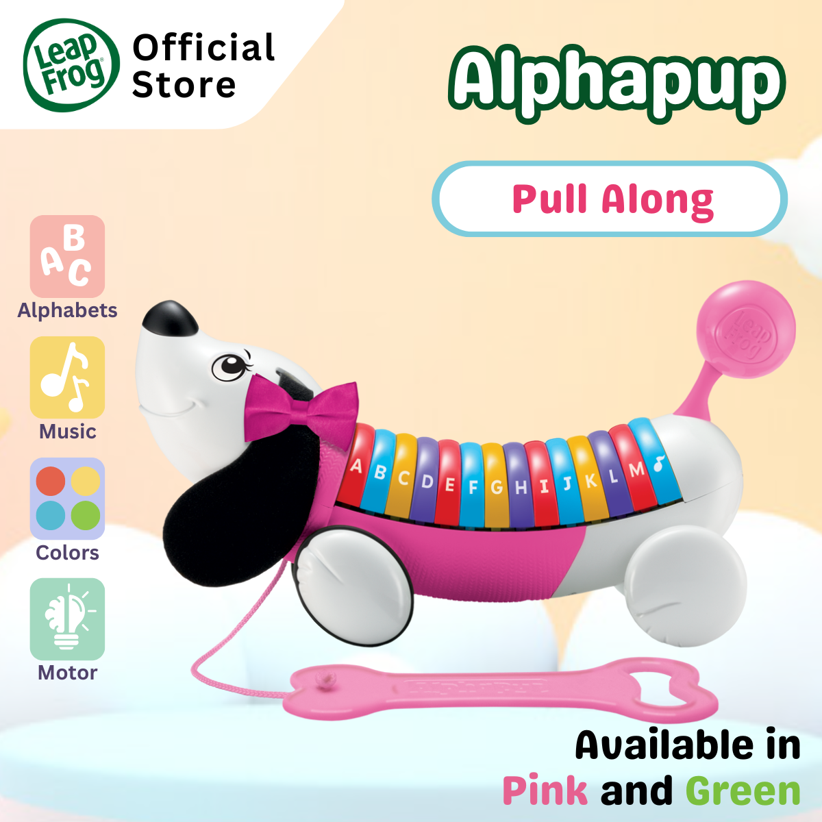 LeapFrog AlphaPup Pull Along Alphabet Phonics Toy Green & Pink