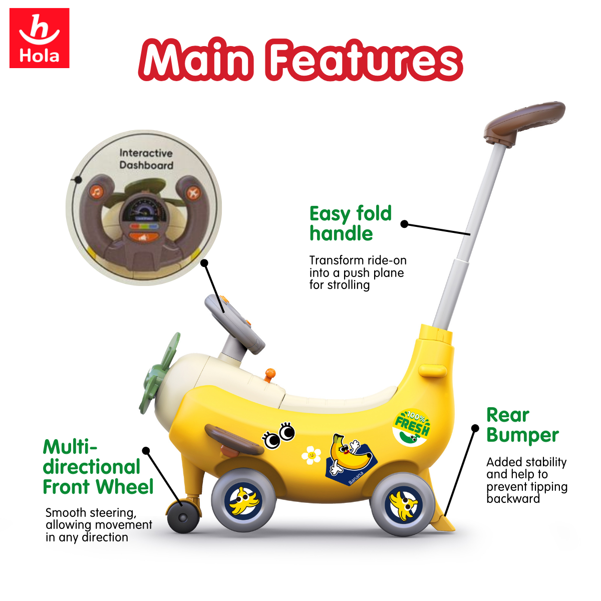 Hola 4-in-1 Ride-on & Push Around Banana Plane