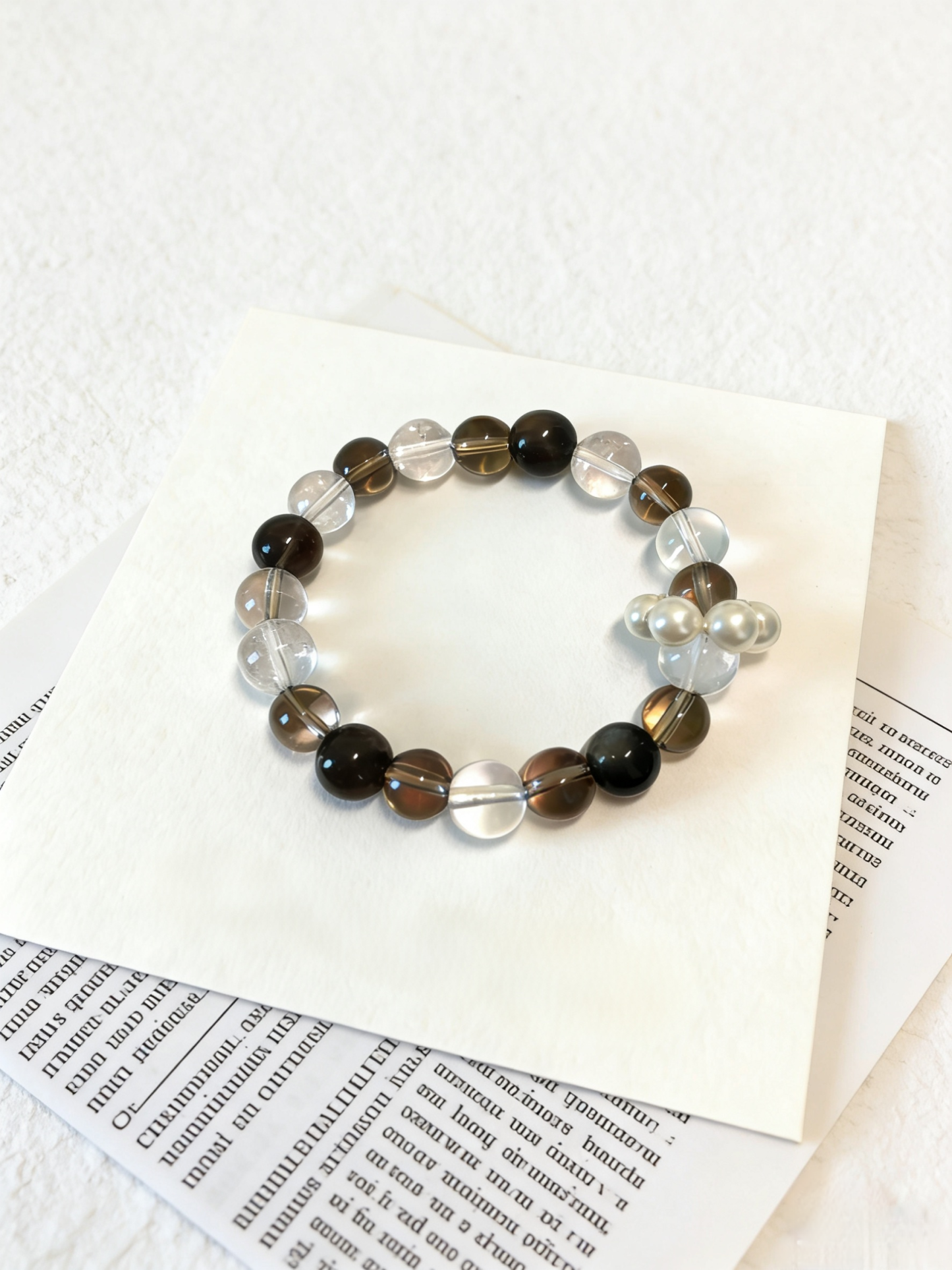 Moisturizing Healing · Tea Water & Black Skeletal Energy Bracelet, Silver Sheen Obsidian & Shell Pearl Sliding Ring Calming Bracelet