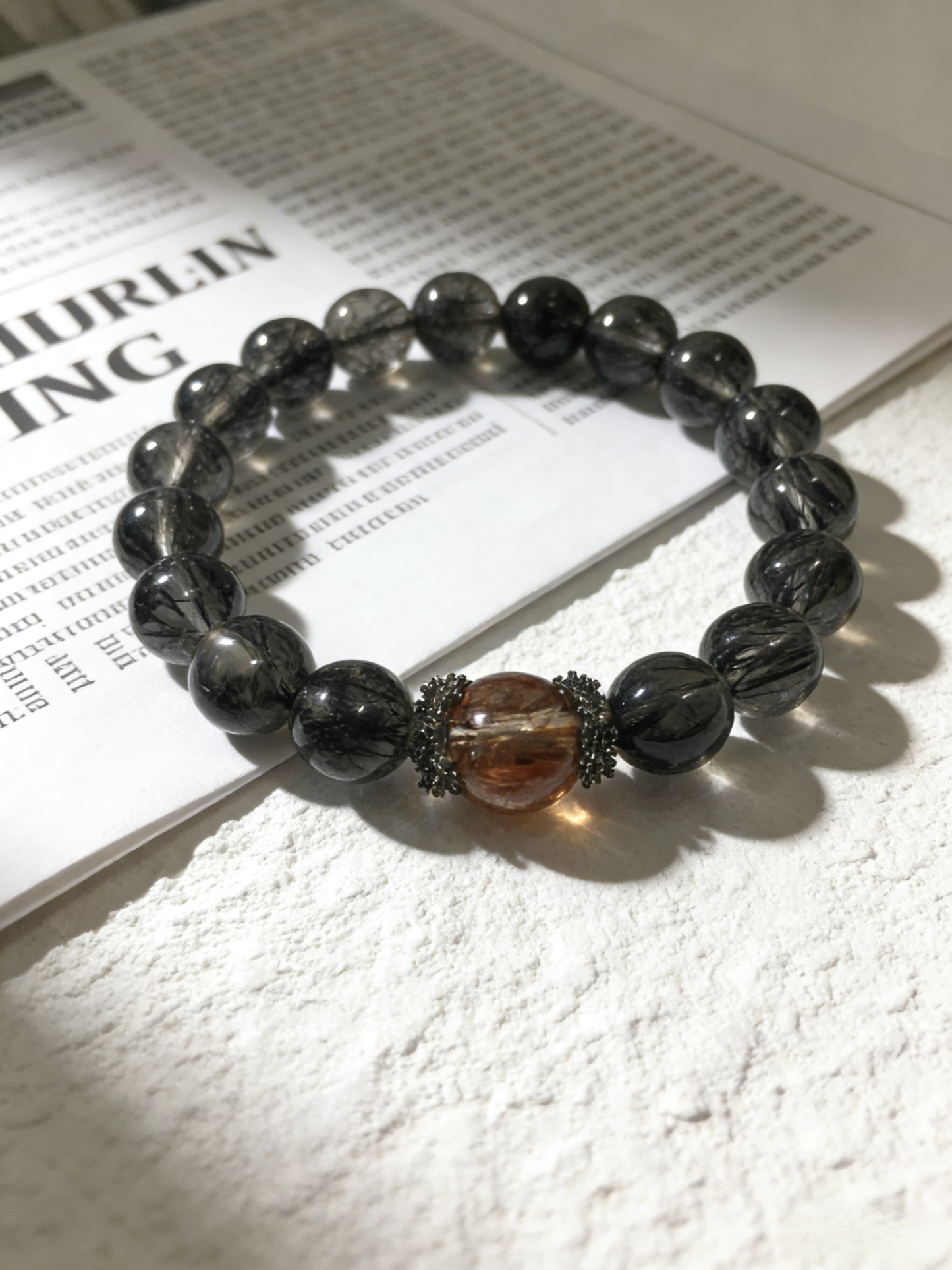 Black Hair Crystal & Rutilated Quartz Protection Bracelet - Evil-Warding Peaceful Crystal Bracelet 