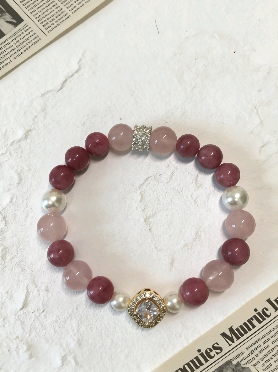 Rose Love Ballad · Rhodonite & Rose Quartz Happiness Bracelet, Artificial Shell Pearl Romantic Love Bracelet
