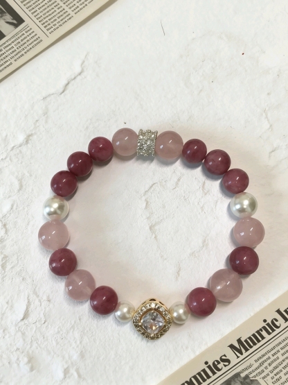 Rose Love Ballad · Rhodonite & Rose Quartz Happiness Bracelet, Artificial Shell Pearl Romantic Love Bracelet