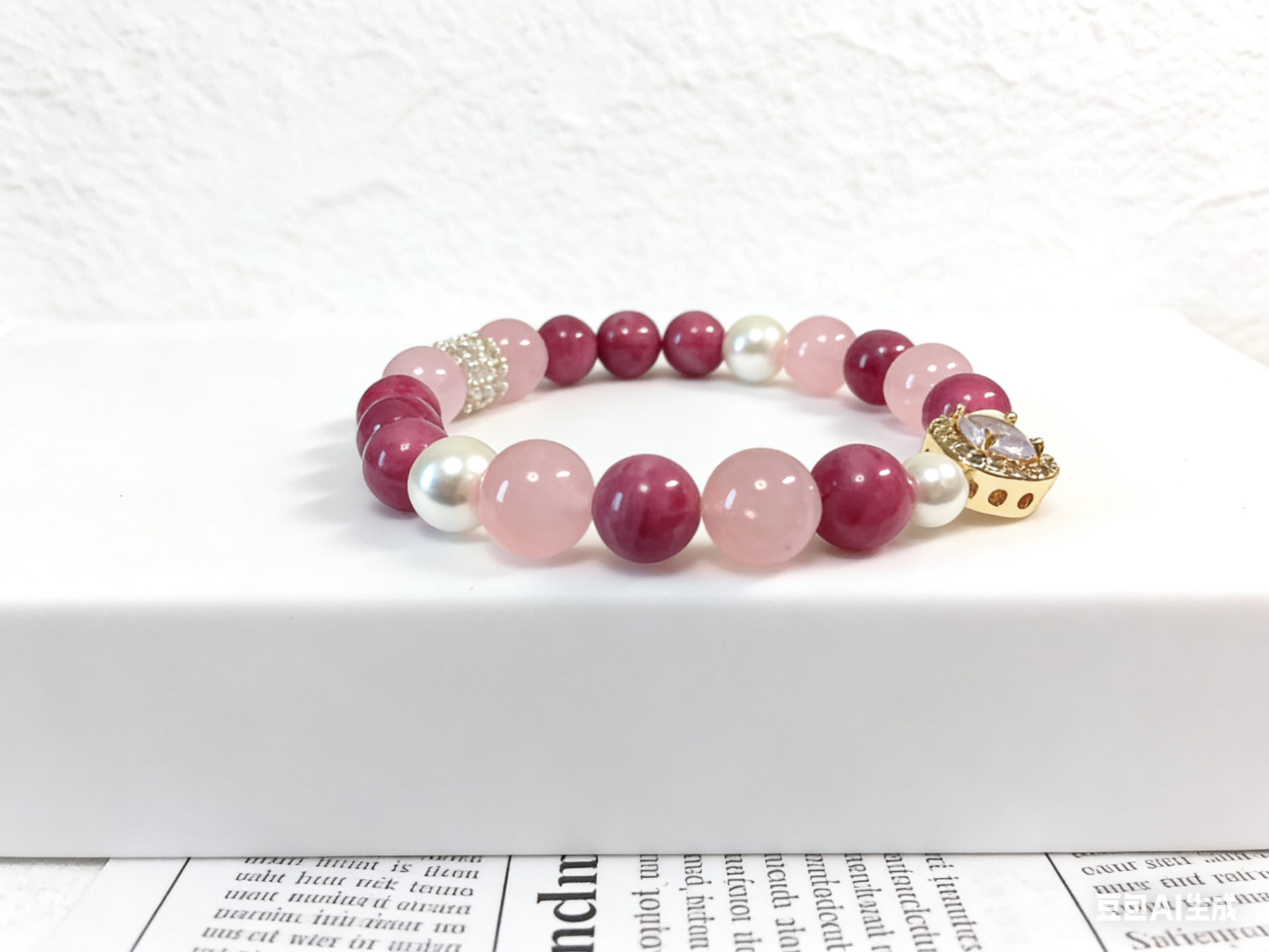 Rose Love Ballad · Rhodonite & Rose Quartz Happiness Bracelet, Artificial Shell Pearl Romantic Love Bracelet