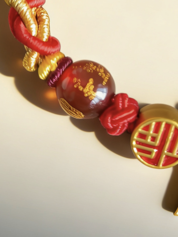 Year of the Horse Tai Sui Protection Bracelet – Triad Amulet & Red Agate Handwoven Cord