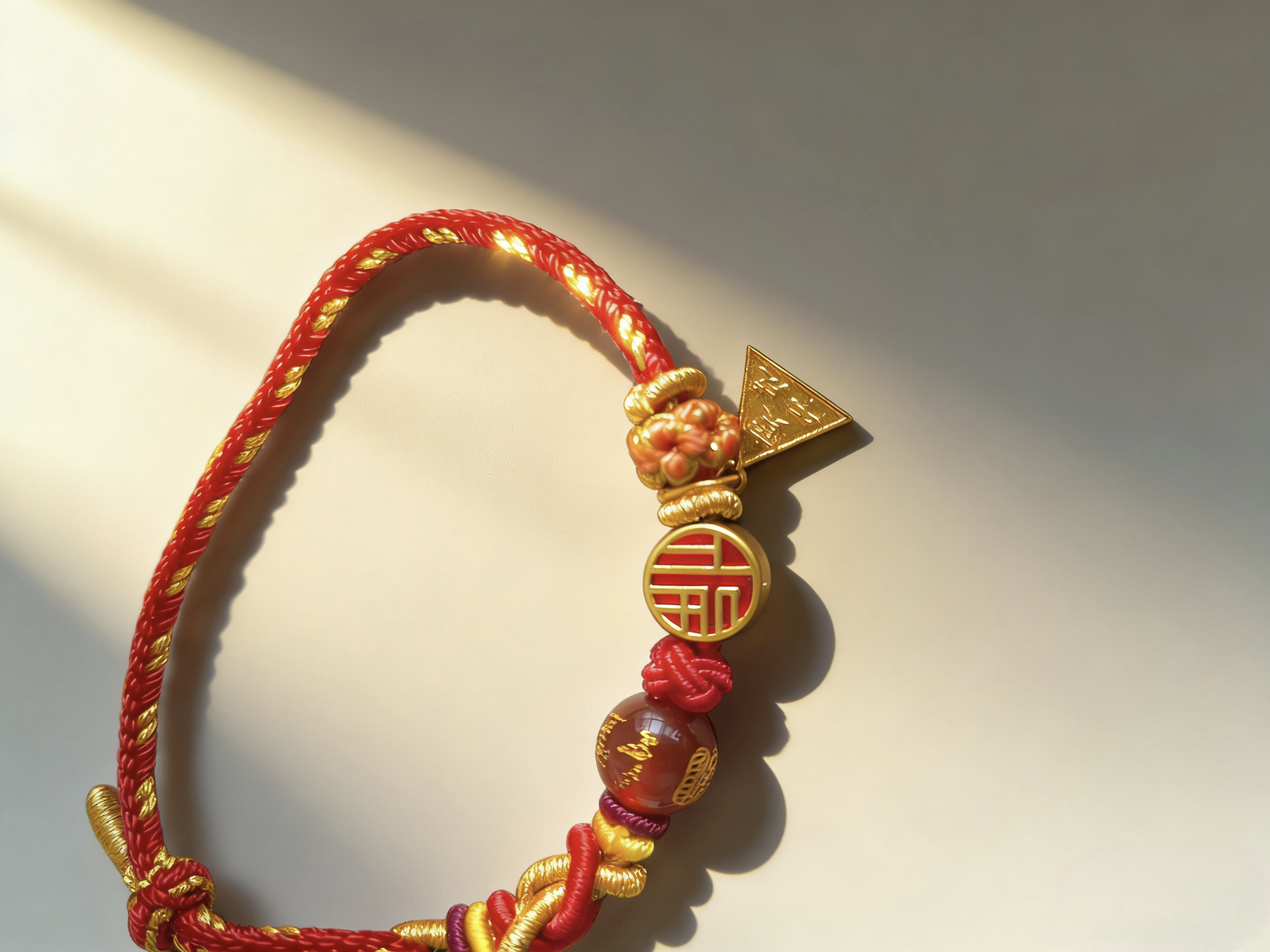 Year of the Horse Tai Sui Protection Bracelet – Triad Amulet & Red Agate Handwoven Cord