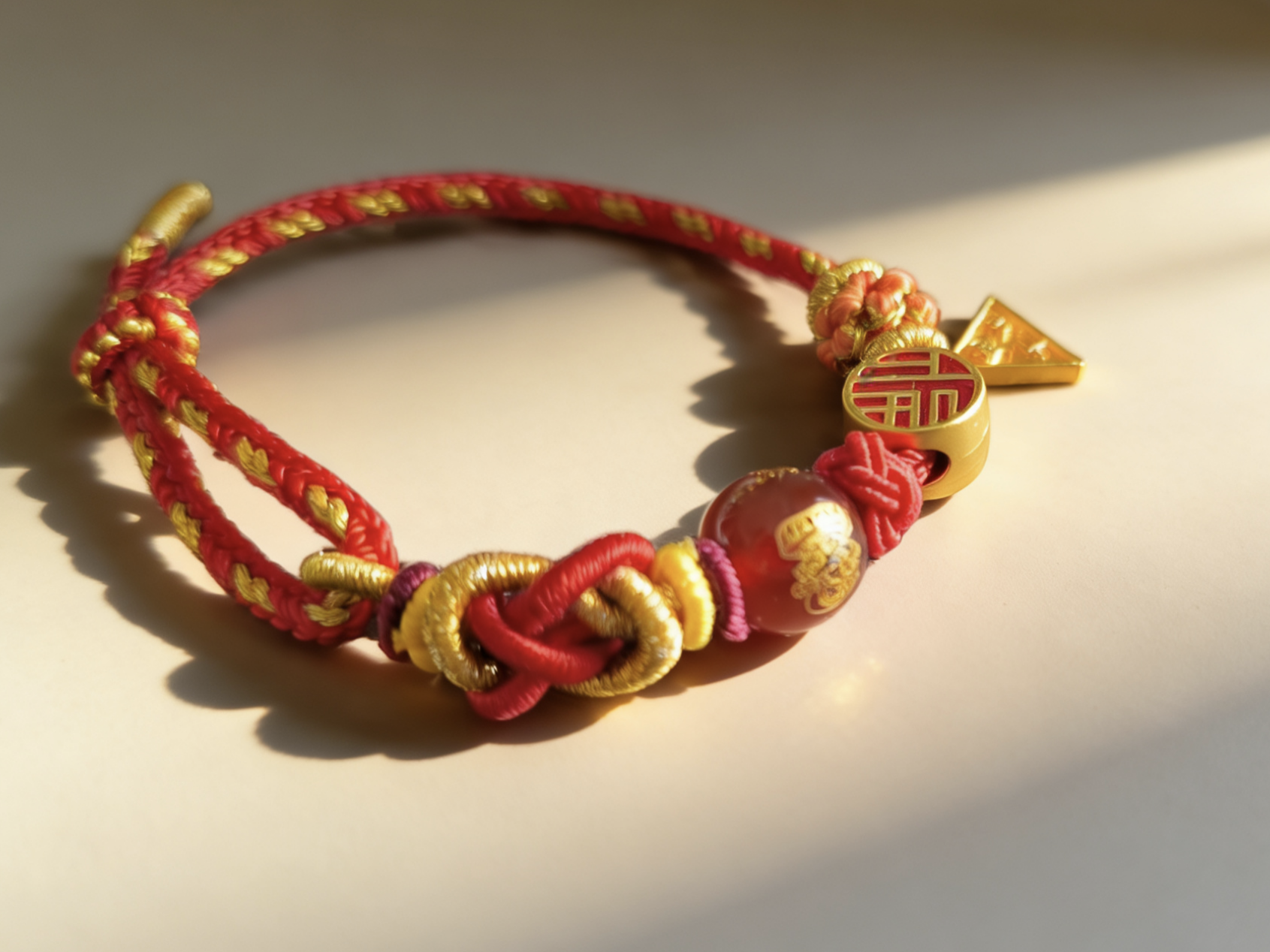 Year of the Horse Tai Sui Protection Bracelet – Triad Amulet & Red Agate Handwoven Cord