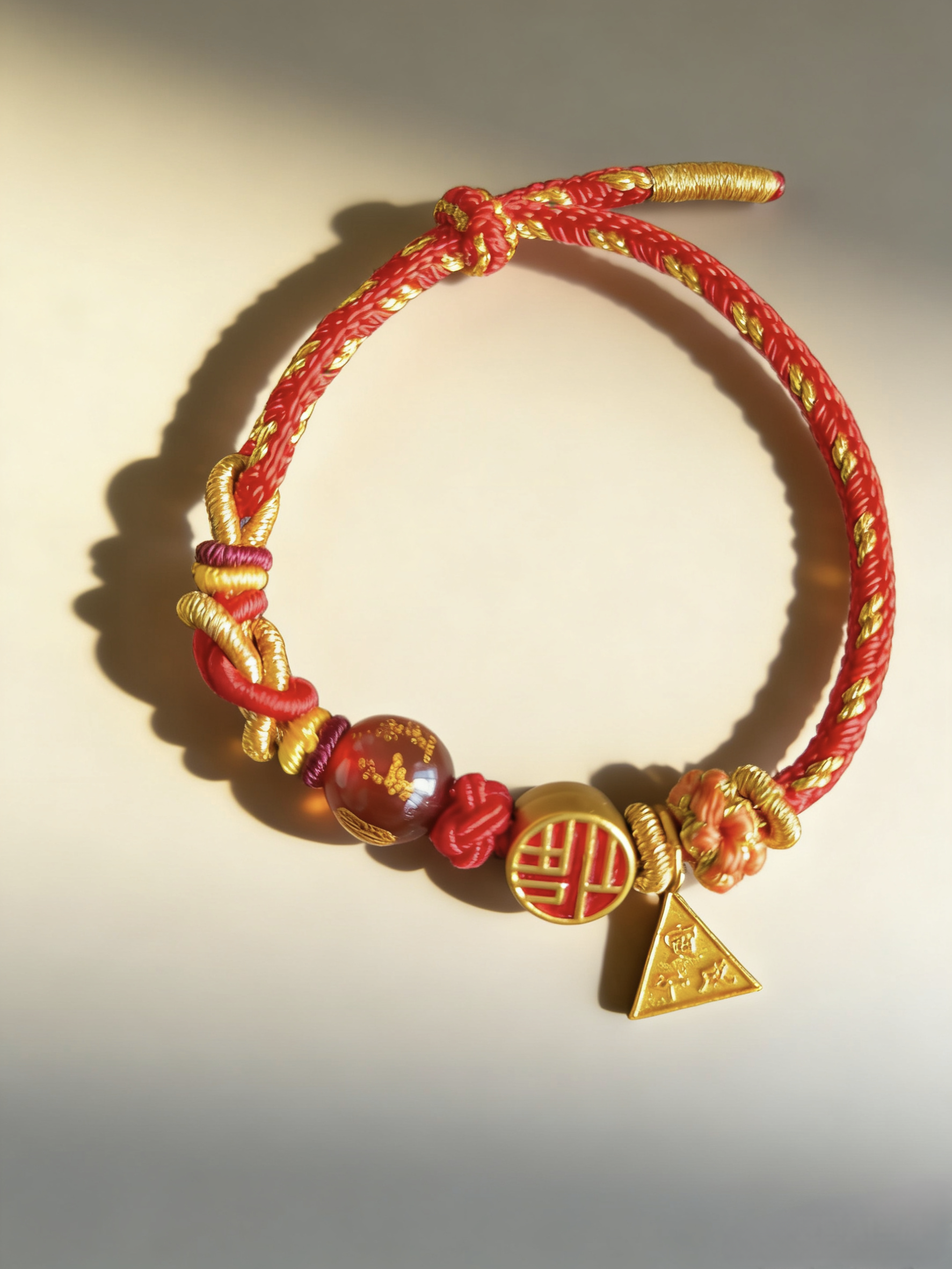 Year of the Horse Tai Sui Protection Bracelet – Triad Amulet & Red Agate Handwoven Cord