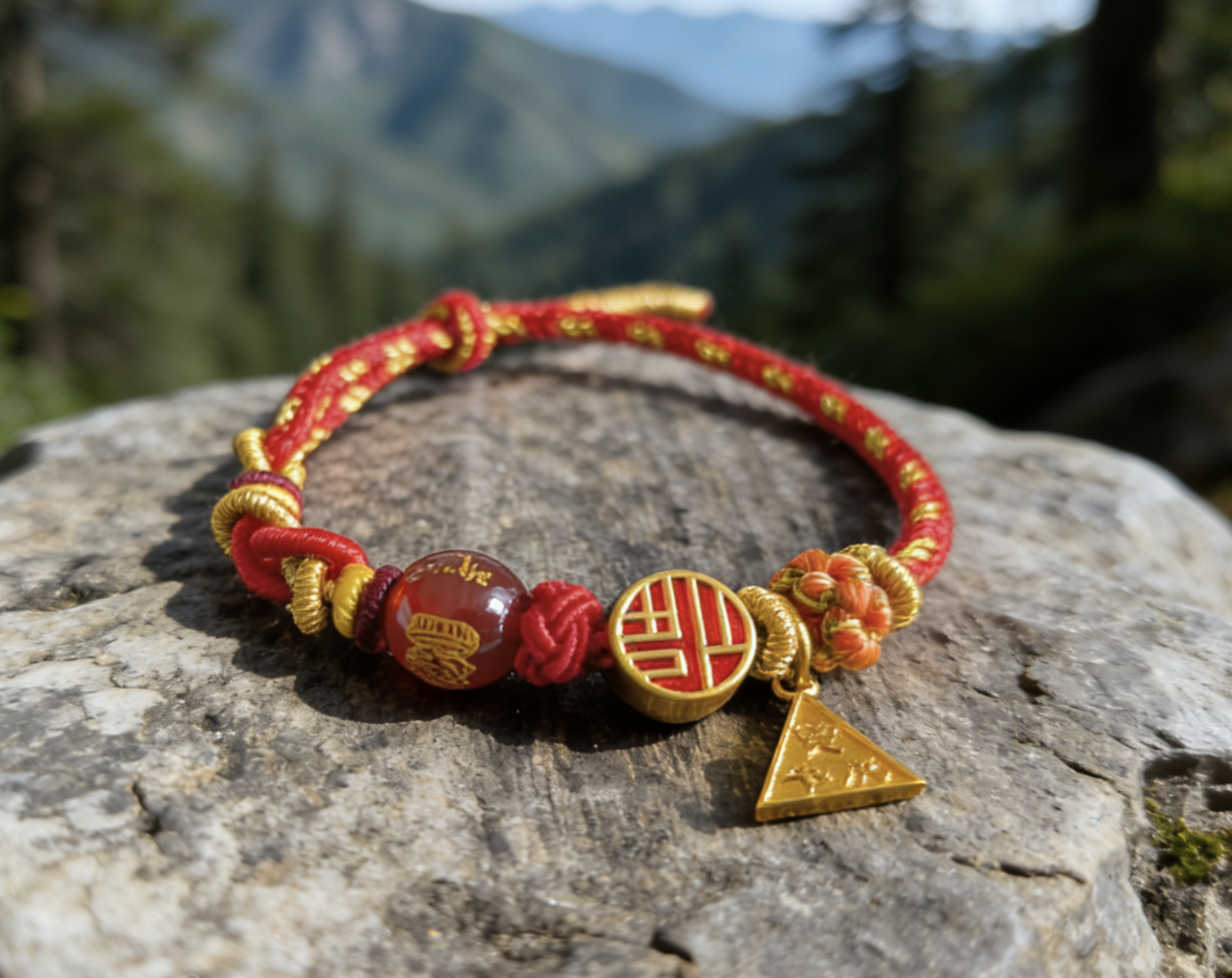 Year of the Horse Tai Sui Protection Bracelet – Triad Amulet & Red Agate Handwoven Cord