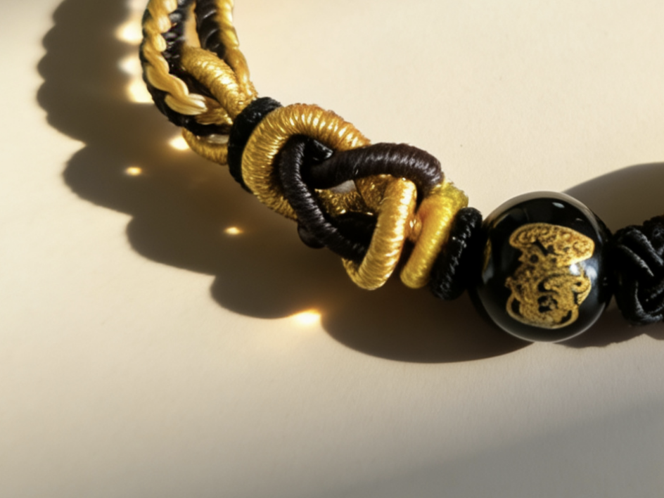Year of the Rat Tai Sui Protection Bracelet – Fortune Amulet & Black Agate Handwoven Cord